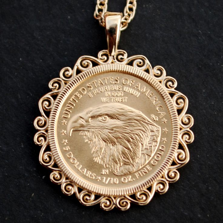 "You are looking at a gorgeous solid gold necklace, set with an authentic US 2021 1/10 oz Gold American Eagle Gem BU Uncirculated Coin - showing REVERSE in front. Obverse: Adapted from Augustus Saint-Gaudens' famed Gold Double Eagle design, which features Lady Liberty with flowing hair, a torch in her right hand, and an olive branch in her left. The Type 2 design features added details from the original bronze cast to enhance this beloved design. Reverse: a bold close-up portrait of an eagle, de Gold Coin Jewelry, Gold Bullion Coins, Double Eagle, Uncirculated Coins, Flowing Hair, Expensive Jewelry Luxury, Eagle Design, Solid Gold Necklace, Gold Bullion