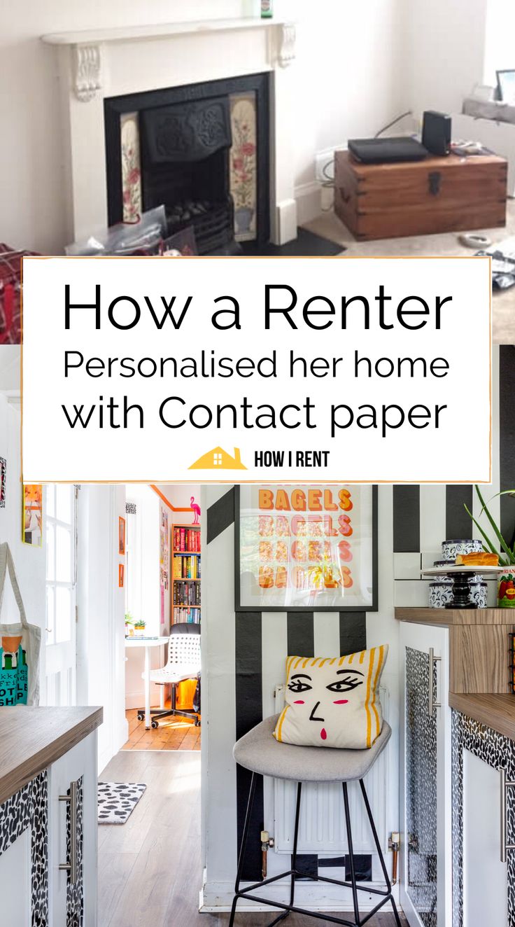 a white and black striped room with the words how a renter personalized her home with contact paper