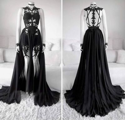 Vintage Black Chiffon Wedding Dresses Sexy A Line Backless Straps Bridal Gowns  | eBay Gaun Abad Pertengahan, 00s Mode, Fantasy Dresses, Fantasy Gowns, Fantasy Dress, Gothic Outfits, Edgy Outfits, Fantasy Fashion, Dark Fashion