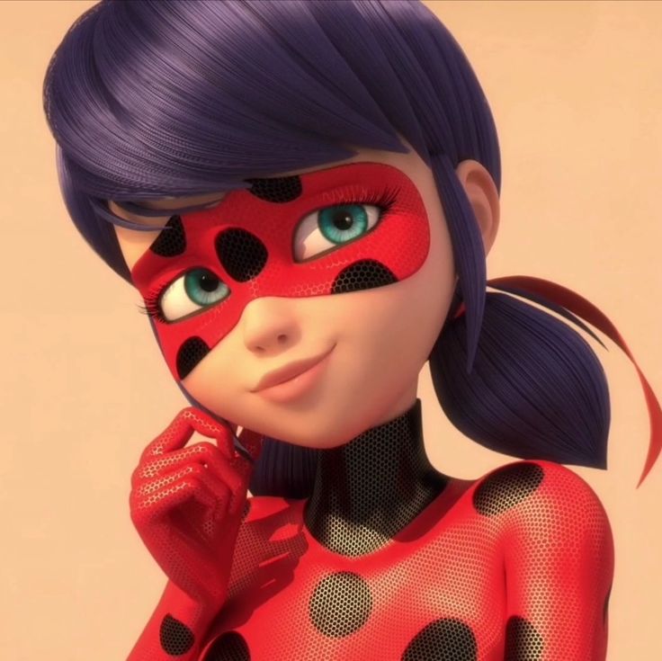 a cartoon lady bug with blue hair and polka dots on her face