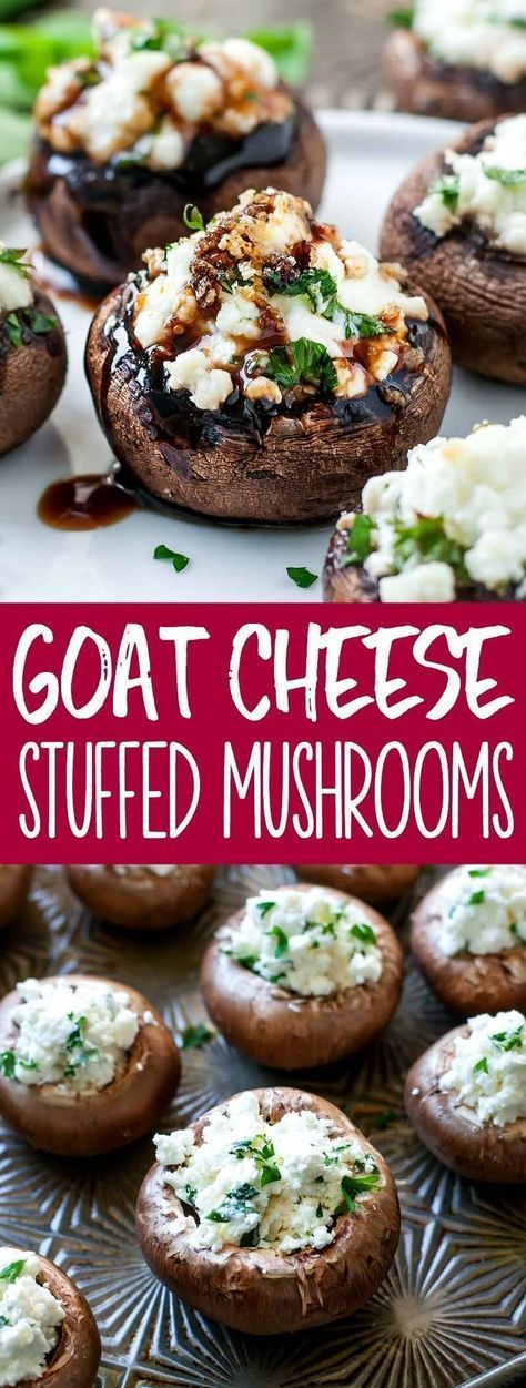 goat cheese stuffed mushrooms on a plate with text overlay that reads goat cheese stuffed mushrooms