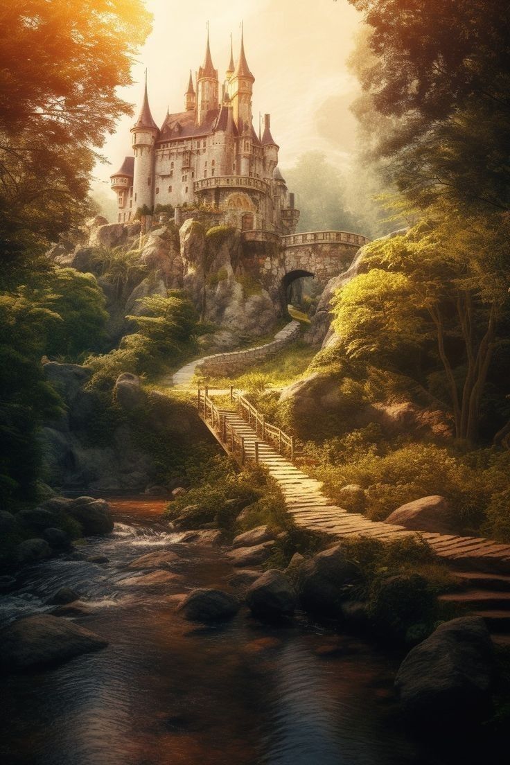 a painting of a castle in the middle of a forest with a bridge leading to it