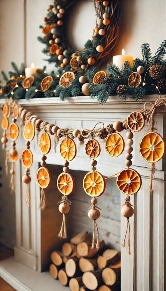 Christmas Living Room Aesthetic Cozy, Dry Orange Garland Diy, Orange Yule Garland, Dried Garland Christmas, Orange Christmas Tree Garland, Christmas Dried Orange Garland, Citrus Christmas Garland, Dried Oranges On Christmas Tree, How To String Orange Garland