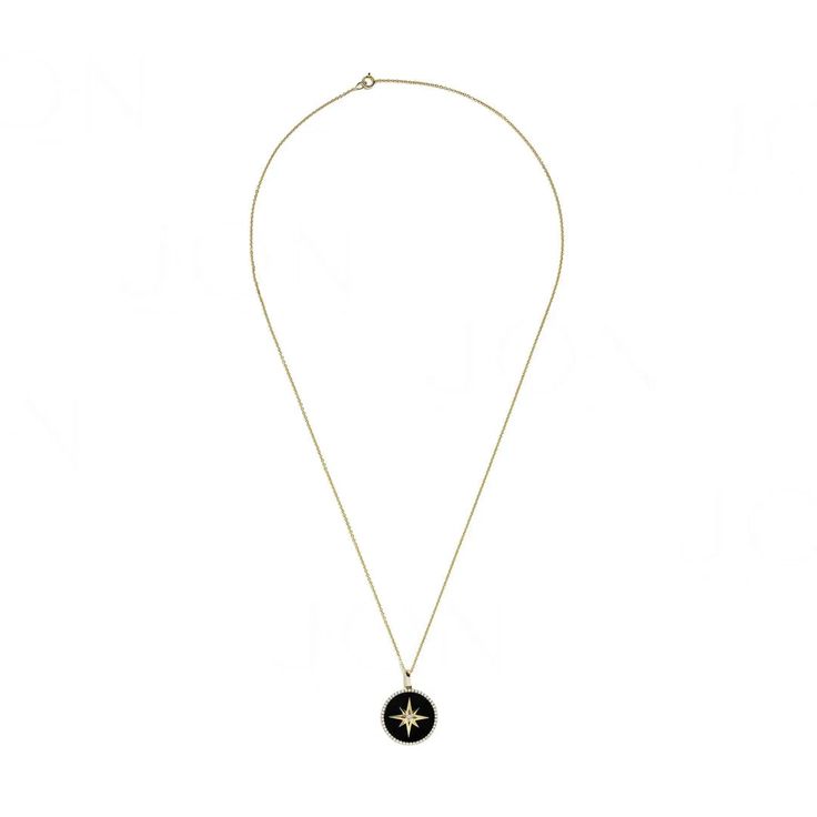 This intricate Onyx Starburst Necklace is crafted with a classic design featuring an ornate onyx centerpiece. Its sleek, bold shape marks a unique statement piece that will look perfect for any occasion. Elegant Black Jewelry With Star Charm, Luxury Medallion Necklace With Black Enamel, Luxury Onyx Pendant Necklace, Luxury Black Enamel Medallion Necklace, Elegant Star Shaped Necklace With Polished Finish, Elegant Star-shaped Necklace With Polished Finish, Black Star Charm Pendant Jewelry, Luxury Star Charm Pendant Jewelry, Black Compass Design Jewelry