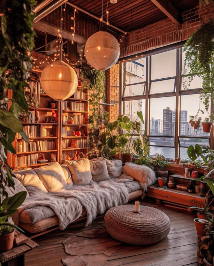 a living room filled with lots of plants and bookshelves on top of a wooden floor