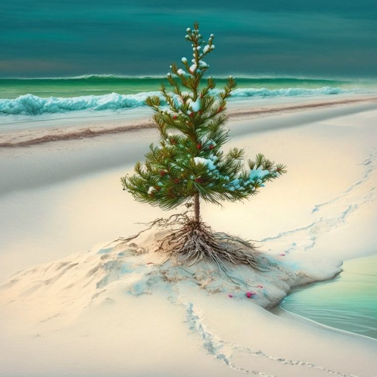 a painting of a pine tree on the beach