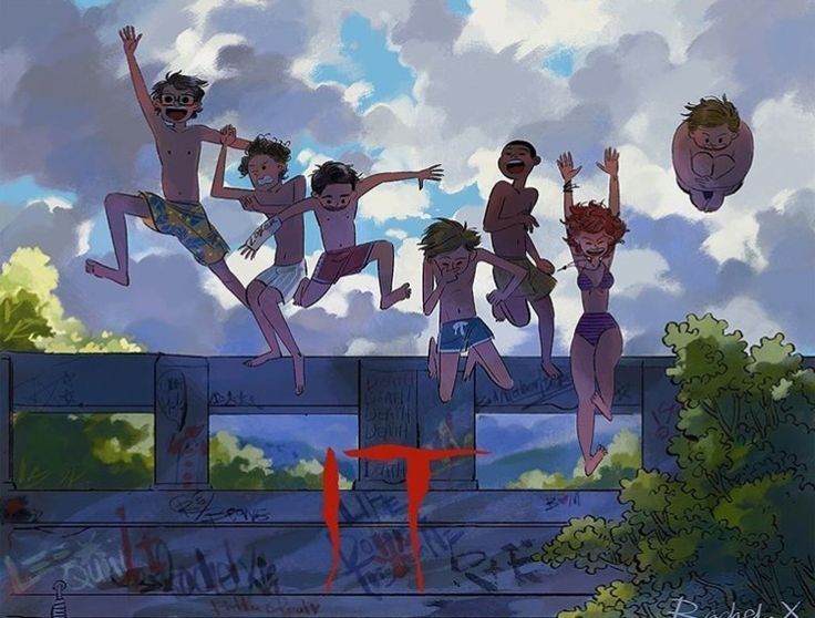 several children jumping off a bridge into the air with their arms in the air and one child standing on top