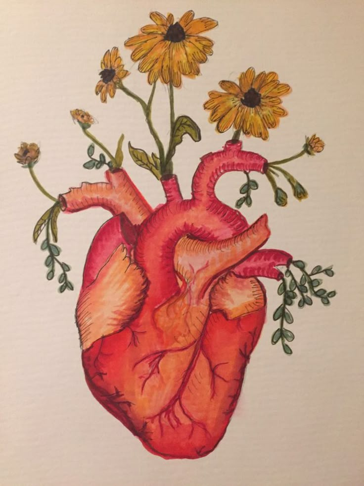 a drawing of a heart with flowers in the middle and sunflowers growing out of it