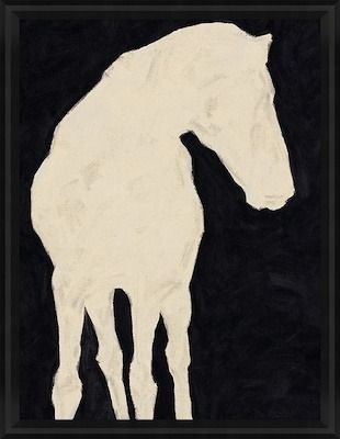 a painting of a white horse in black and white on a black background with the silhouette of it's head