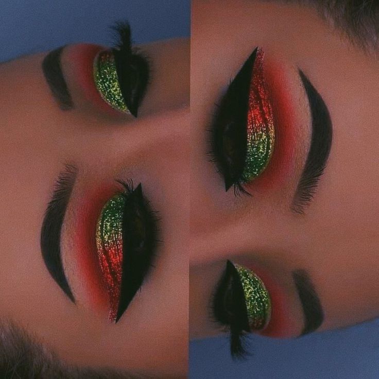 Christmas Eye Makeup Hooded Eyes, Red Green Eyeshadow, Santa Hat Makeup, Cute Elf Makeup Looks Christmas, Makeup Look For Christmas, Christmas Freckles Makeup, Christmas Tree Makeup Ideas, Grinch Easy Makeup, Christmas Themed Makeup Looks