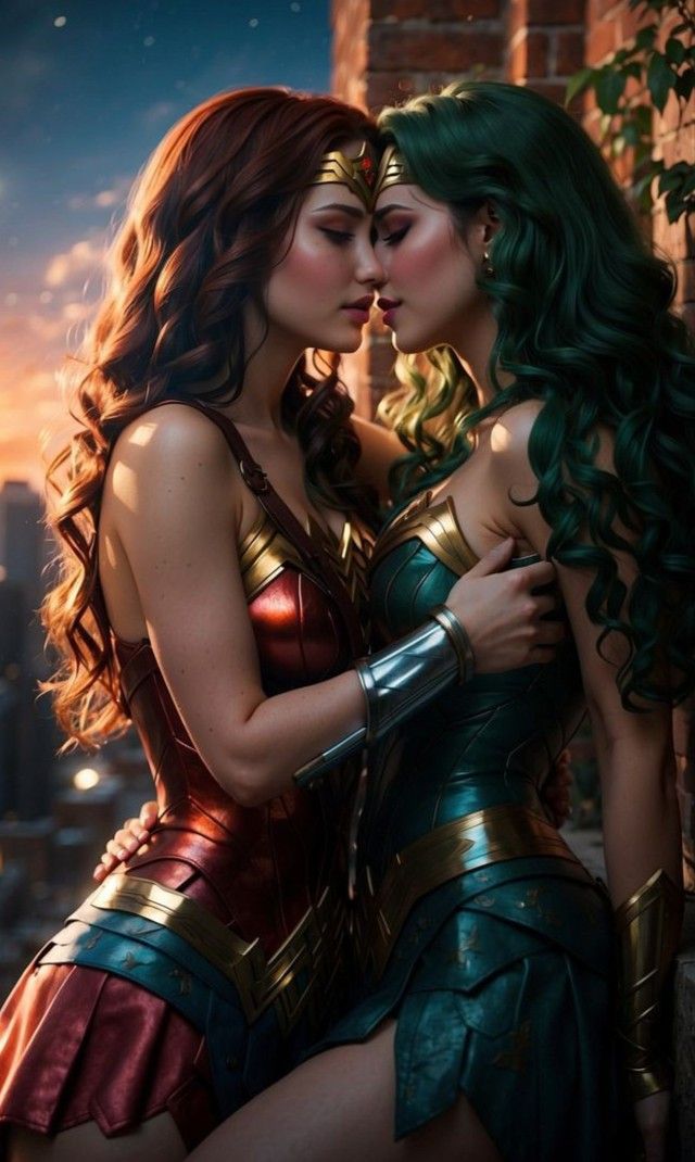 two women dressed as wonder and superman kissing each other