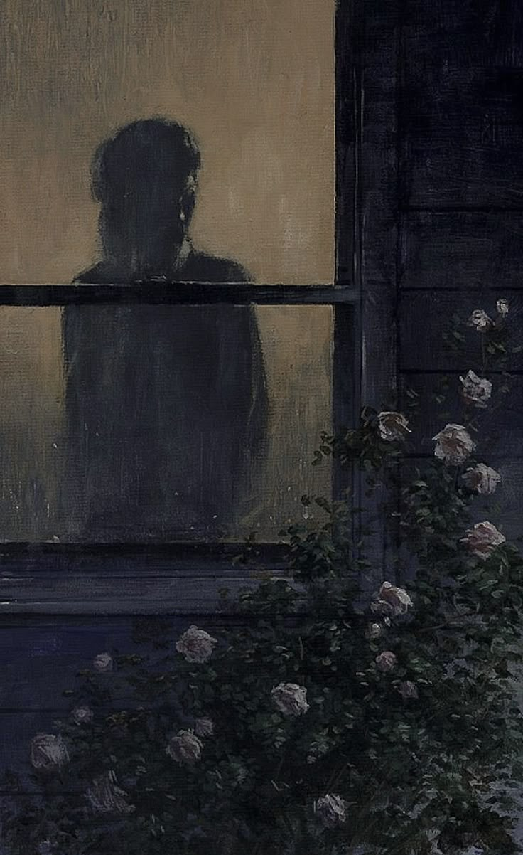 a painting of a person standing in front of a window looking out at the outside