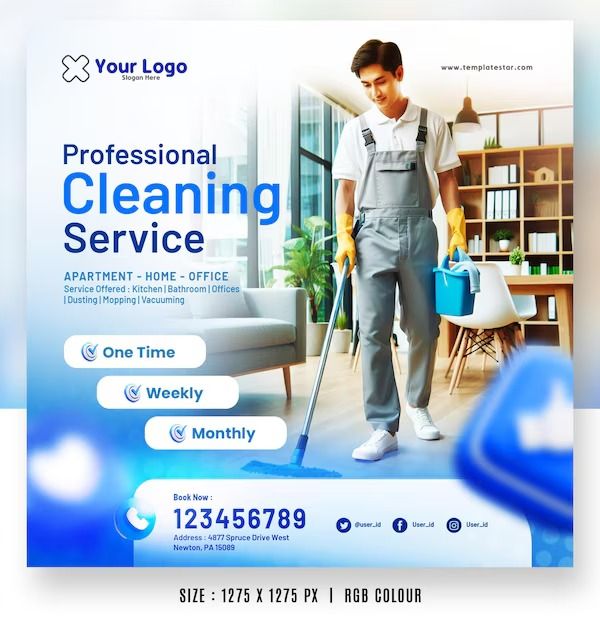 a professional cleaning service ad with a man in overalls