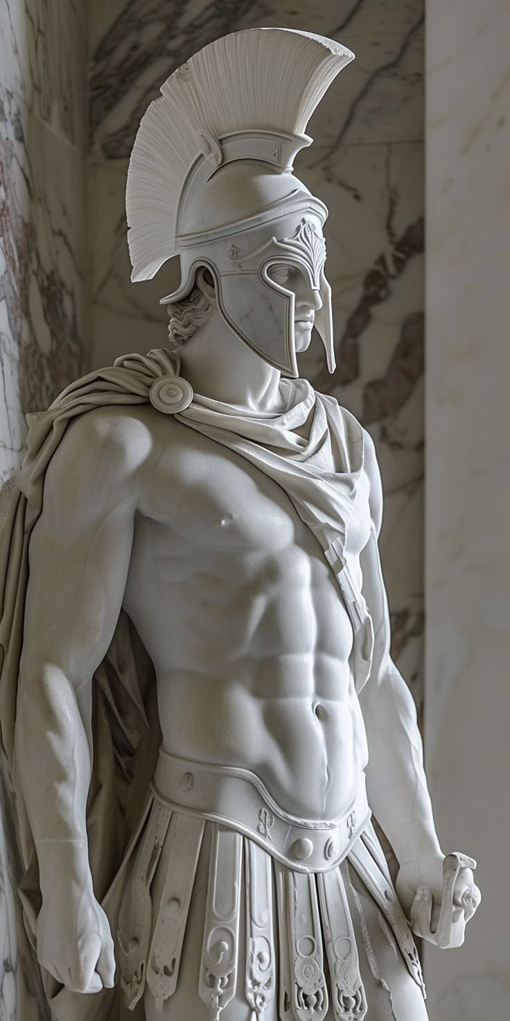 a statue of a roman soldier in front of a marble wall