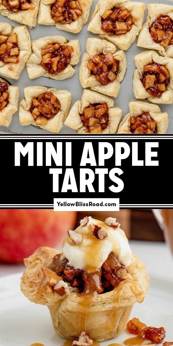 mini apple tarts on a plate with caramel drizzle and pecans