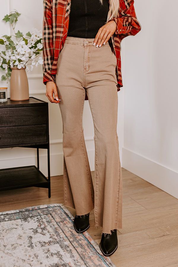 - The cutest flares of the season are a must-have for your trendy wardrobe! - Unlined stretchy denim material - A waistline with a hidden zip fly and button closure - Functional side and back pockets - A flattering silhouette that ends in raw cut floor length flared hemlines Measurements S : Front Rise 12", Hip 34", Inseam 30.5", Length 41.5", Waist 27". M : Front Rise 12.5", Hip 35", Inseam 31", Length 42", Waist 28". L : Front Rise 13", Hip 36", Inseam 32", Length 43", Waist 29". Warm Taupe, Denim Material, Floor Length, High Waist, High Waisted, Luxury Fashion, Wardrobe, Fashion Trends