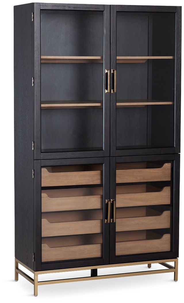 a black and wood cabinet with drawers