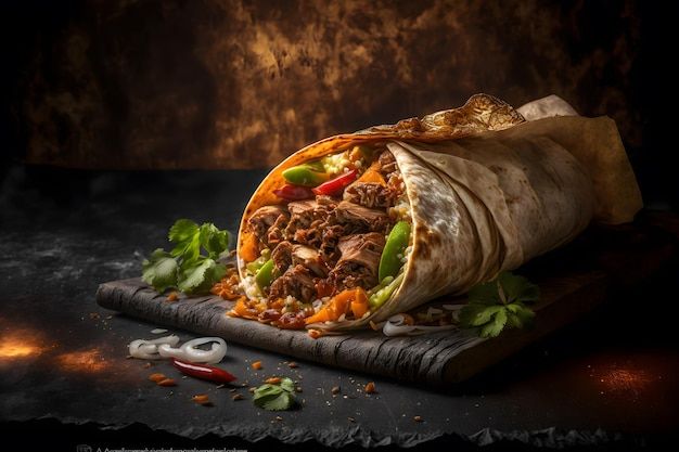 a burrito filled with meat and vegetables on a cutting board