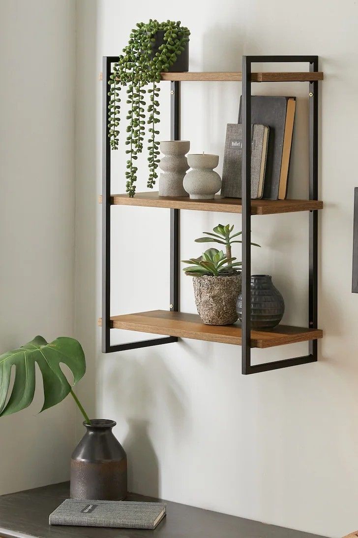 a shelf with books and plants on it next to a potted houseplant