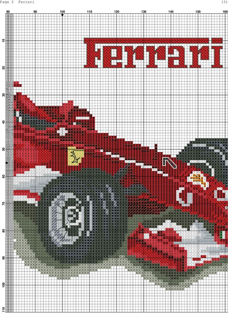 a cross stitch pattern of a racing car with the word ferrari on it's side