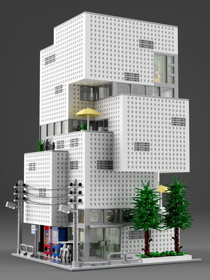 a model of a building made out of legos with trees on the front and side