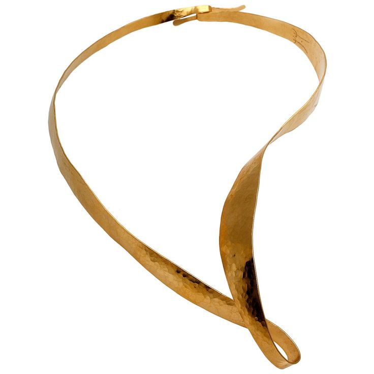 This elegant piece of jewelry is hand-sculpted and hammered in brass by sculptor designer Jacques Jarrige then gold-plated with 18-karat gold (three microns). The movement achieved in this necklace is ravishing and echoes his iconic pieces of furniture and lighting. Edition of 5. Elegant Hand Forged Yellow Gold Necklace, Elegant Hand Forged Yellow Gold Necklaces, Luxury Hammered Gold-plated Jewelry, Unique Polished Yellow Gold Necklaces, Unique Yellow Gold Necklaces With Polished Finish, Elegant Bronze Hand Forged Jewelry, Elegant Hand Forged Bronze Jewelry, Elegant Ceremonial Necklaces With Polished Finish, Luxury Hammered Pendant Jewelry