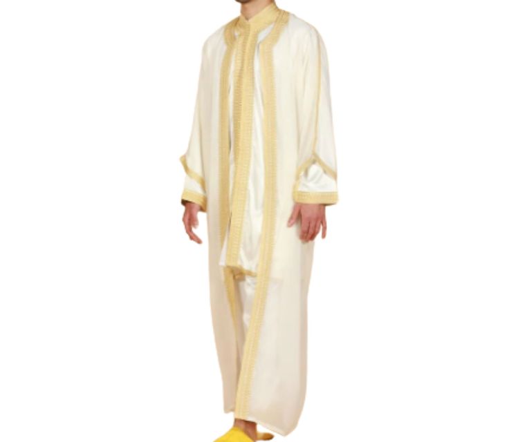 Moroccan jabador men , kaftan for men, Moroccan kaftan for wedding, Djellaba This Moroccan caftan for men is so elegant , it can be worn in special occasions or big events. this Moroccan garment comes with 3 pieces , the long kaftan , the pants, and the long coat. the embroidery may vary depending on availability. Festive Long Thobe For Wedding, White Long Sleeve Thobe For Formal Occasions, Formal White Long Sleeve Thobe, Festive Formal Thobe With Dabka, Festive Formal Thobe With Dabka Detailing, Formal Festive Thobe With Dabka Detailing, White Wedding Kaftan For Festive Occasions, White Festive Wedding Kaftan, Gold Long Sleeve Thobe For Wedding