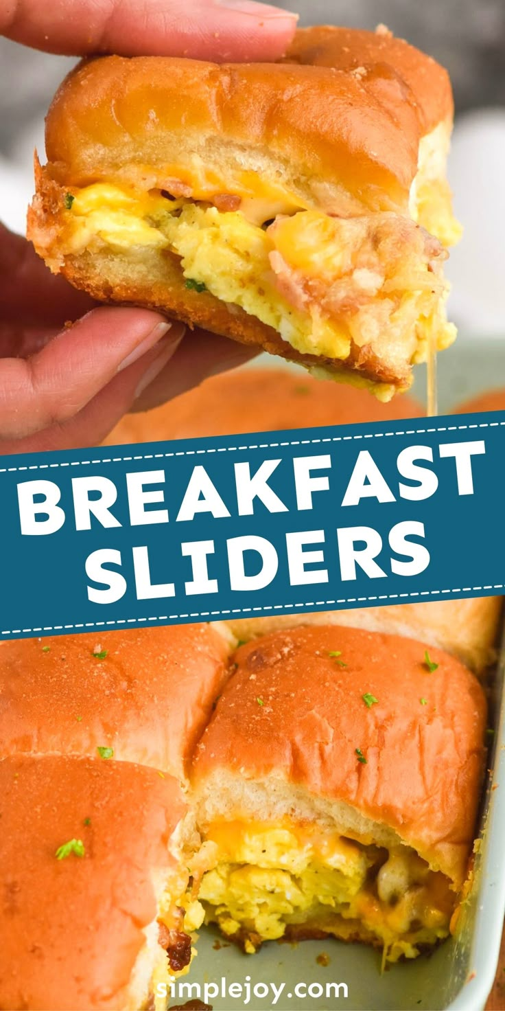 the breakfast sliders have been cut in half and are ready to be eaten