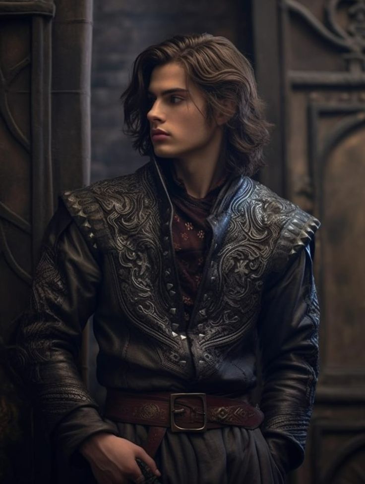 Dark fantasy, medieval, handsome guy, cool medieval jacket, wallpaper style Men Medival Outfits, Pirate Character Inspiration Male, Medieval Gothic Fashion Male, Elven Aesthetic Male, Dark Haired Fantasy Male, Fantasy Medieval Clothes Male, Male Character Design Blonde, Medieval Anime Guy, Fantasy Prince Aesthetic