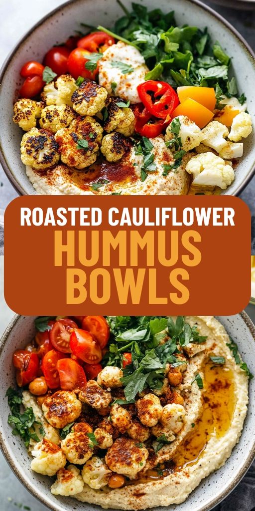 roasted cauliflower hummus bowls with tomatoes and other vegetables