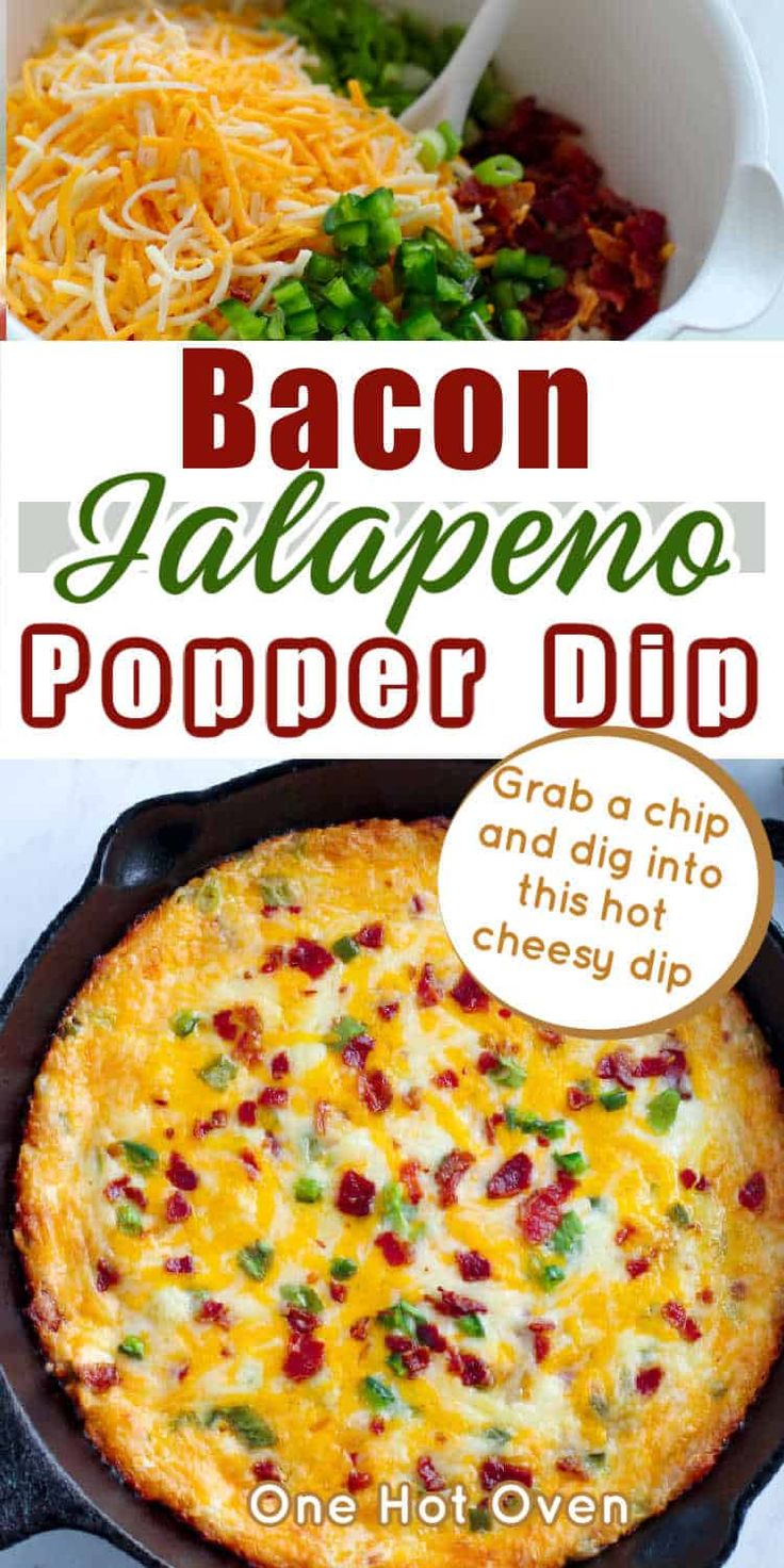 bacon jalapeno popper dip recipe in a cast iron skillet with text overlay