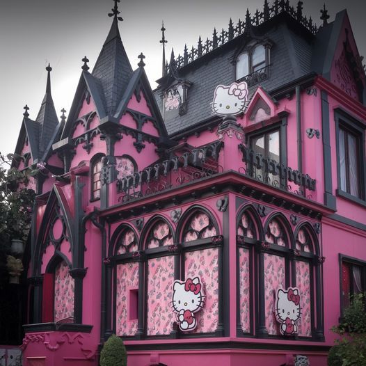 a pink and black building with hello kitty decorations on it's windows, in front of a cloudy sky