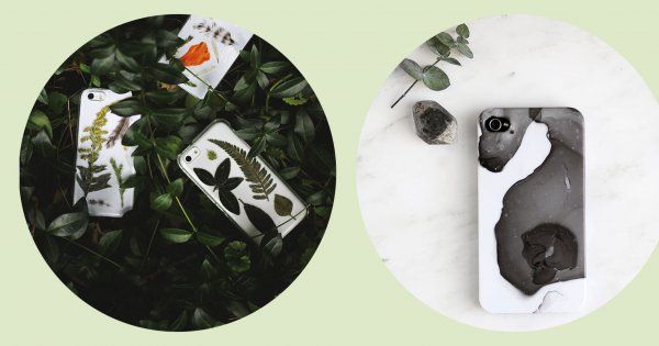 two different images of cell phones on a table with plants and rocks in the background