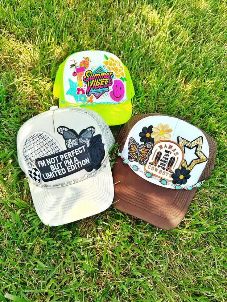 PLEASE READ THE ENTIRE LISTING: These LIMITED EDITION Patch Trucker Hats are the cutest thing we've ever seen. The hats are adorned with several stylish & trendy patches and then adorned with the brim chain you see in the photo! WHAT YOU WILL RECEIVE: 1 Trucker Hat with patches and matching chain as shown in photo. If you wish to purchase additional chains- your may do so at this listing: https://thememphismarketco.etsy.com/listing/1549277891 ** if you want something custom or want to make chang Cheap Curved Brim Trucker Hat Gift, Novelty Mini Hats For Birthday, One Size Fits Most, Novelty Mini Hats For Birthday, Novelty Mini Hats For Birthdays, One Size Fits Most, Novelty Mini Hats For Birthdays, Novelty Multicolor Birthday Hat, Trendy Summer Birthday Hat, Vintage Snapback Trucker Hat As Gift, Trendy Birthday Snapback Hat