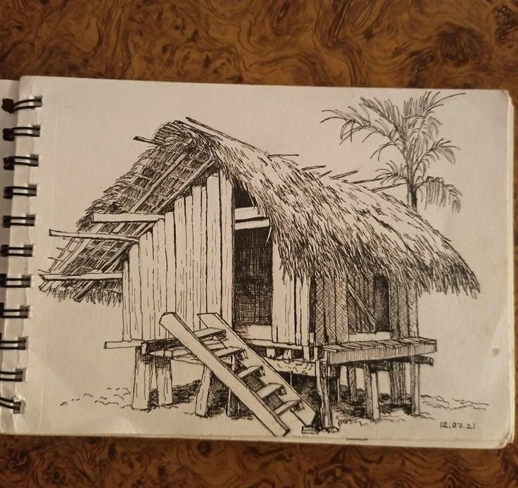 a drawing of a hut with a thatch roof and ladders on the outside