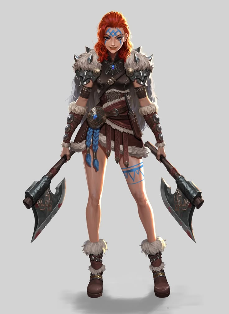 a woman with red hair holding two large axes and wearing an elaborate outfit, standing in front of a gray background