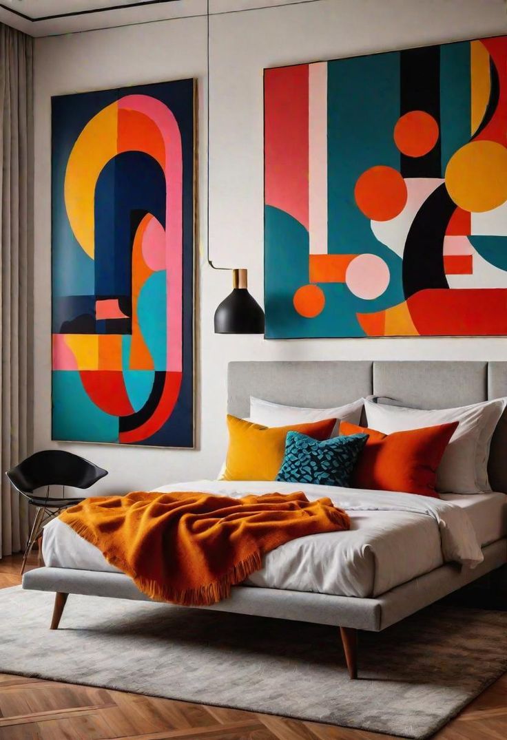 a bedroom with colorful paintings on the wall