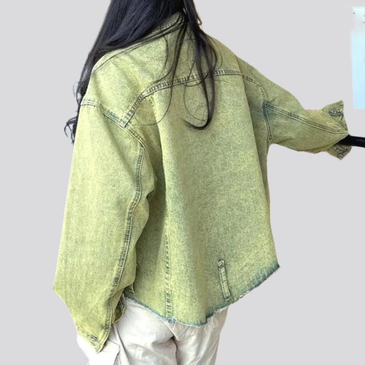 Turn heads this season with our Y2K-style Over-Dyed Cropped Denim Jacket. the must-have piece from our 2023 Spring-Summer Collection!Why It's Destined to Be Your New FavoriteThis updated classic is designed to make an unmistakable statement. Crafted from a unique fabric blend. it features an acid-green over-dye for a one-of-a-kind look.Exquisite Features: Oversized Fit: Cut for a simple fit. this piece is sure to become your go-to denim jacket. Cropped Design: Show off your favorite top with its Denim Jacket Cropped, Simple Fits, Unique Fabric, Cropped Denim Jacket, Jacket For Women, Denim Jacket Women, Cropped Denim, Style Statement, Y2k Style