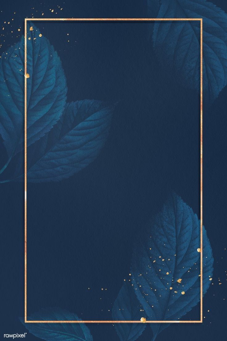 blue leaves with gold glitters in a square golden frame on a dark blue background