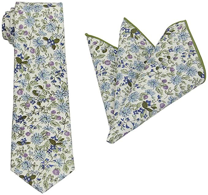 Mens Charm Floral Cotton Tie Set : Necktie with Pocket Square - Wedding - Gift Sets (Blue and Sage) : Clothing, Shoes & Jewelry Sage Clothing, Sage Green And Blue, Mens Floral Tie, Sage Green Tie, Pocket Square Wedding, Rose Nursery, Sage Green Floral, Floral Necktie, Groomsmen Ties