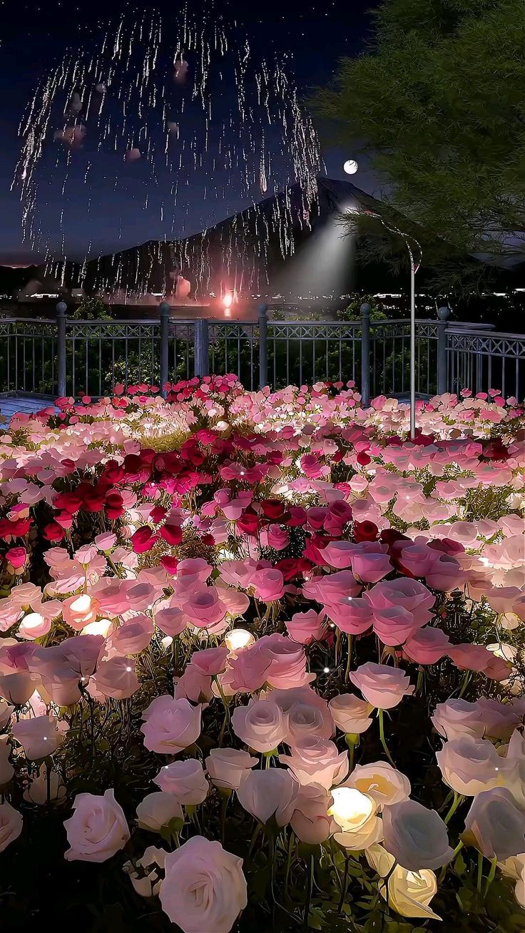 many pink and white flowers in a field with lights on the top of them at night