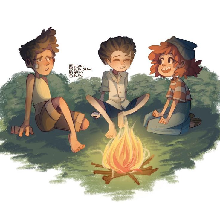 three children sitting around a campfire with their feet on the ground, and one boy is