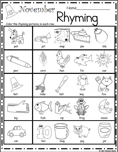 the november rhyming worksheet with pictures to help students learn how to write and