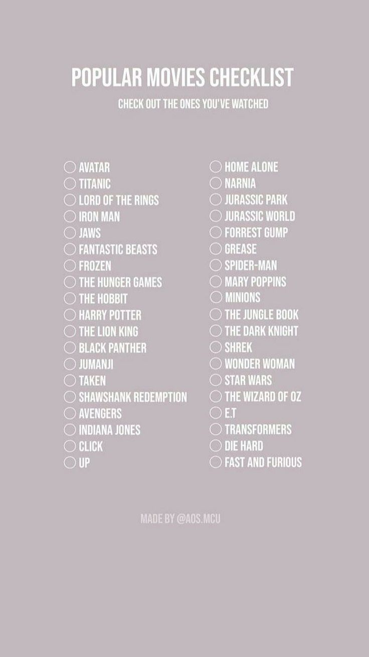 the popular movies checklist is shown on a gray background with white lettering and black font