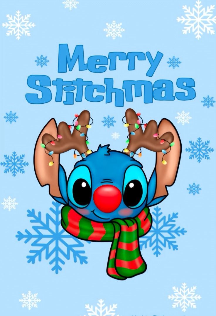 a cartoon character with reindeer antlers on it's head and the words merry stitchmas