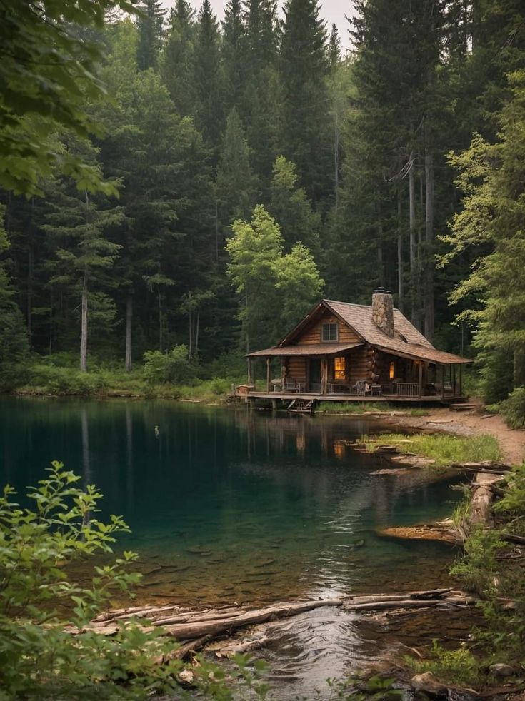 a cabin sits on the shore of a lake surrounded by trees