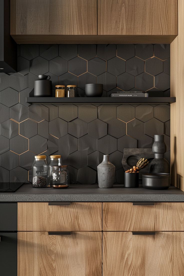 a kitchen with wooden cabinets and black tile backsplash, including jars on the counter