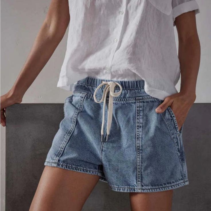 Style Details Include An Elasticized Waistband With Drawcord, Slash Pockets And Clean Finished Hems. Contrast Stitch Throughout. Denim Is Super Soft! Shorts Have A 3” Inseam. Size 4 In James Perse Sizing Is Equivalent To L/Xl Sports Wear Women, Linen Short, Denim Short, Sports Wear, Soft Shorts, Contrast Stitch, Jeans Denim, Casual Button Down Shirts, Patch Pocket