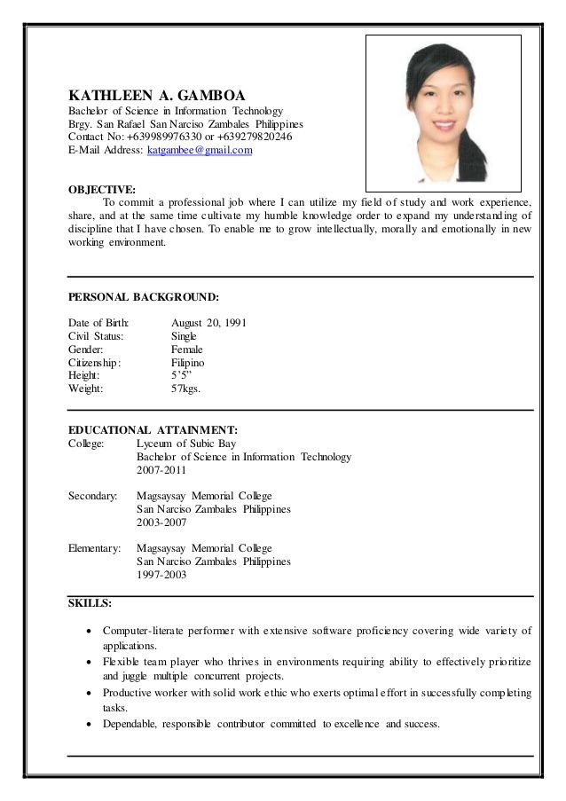 a resume for a job in the philippines, with no work experience or skills on it