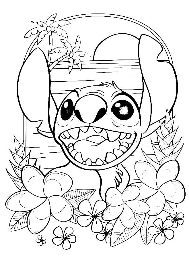 stitchy dog with flowers and leaves coloring page